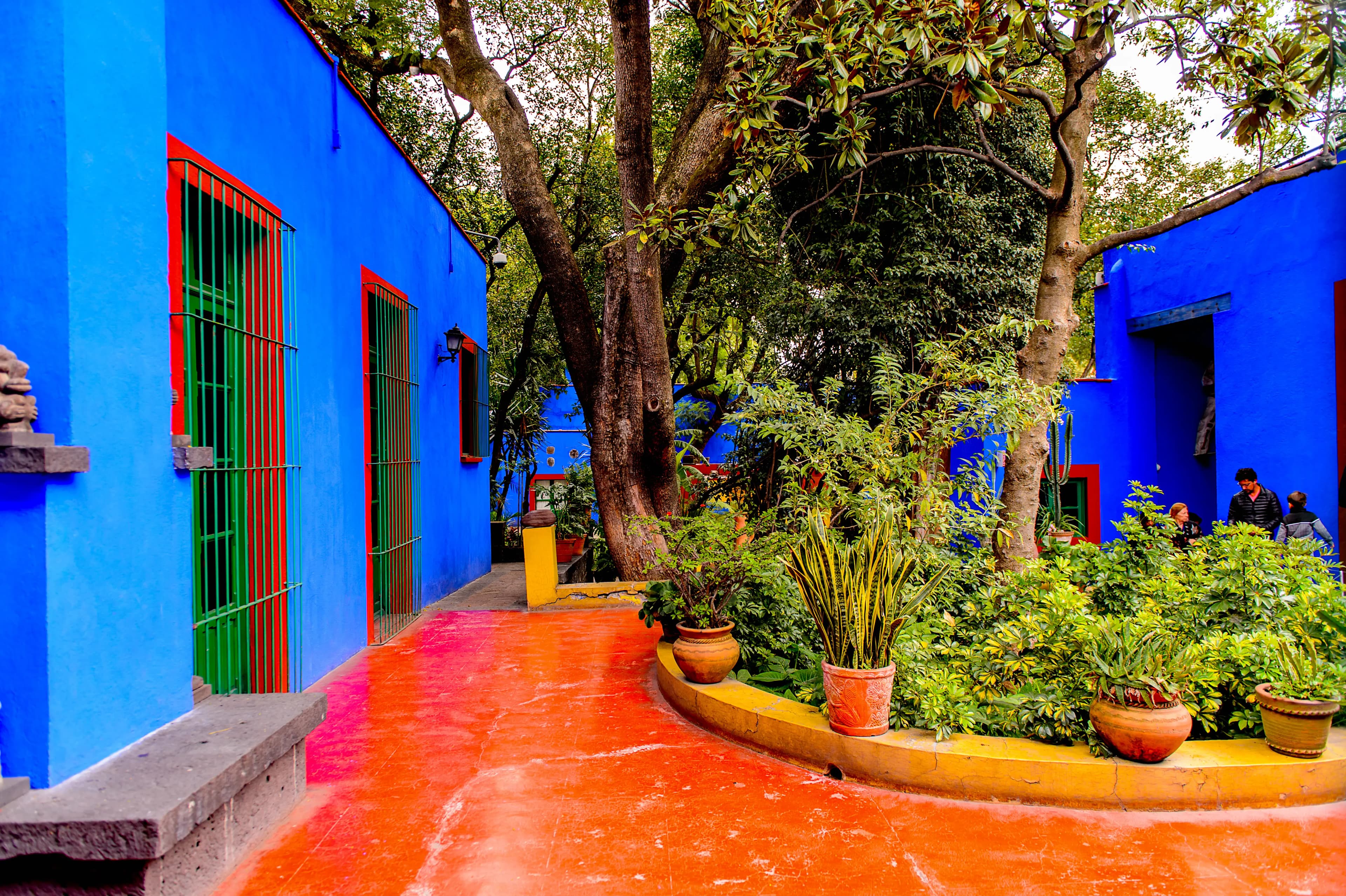 A bright blue Casa Azul courtyard with vivid orange flooring and garden plants